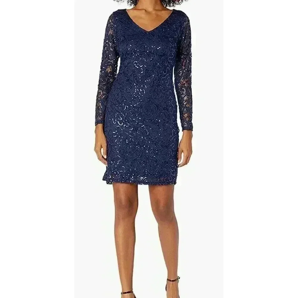 Marina Women's Illusion Lace Cocktail Dress with V Neck and Open Back, Navy, 6